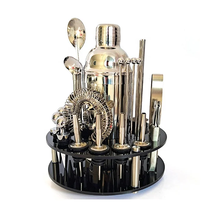 
New Arrival Professional Cocktail Shaker Set Wooden Stand Bag 9-piece Barware Bar Tool Set 