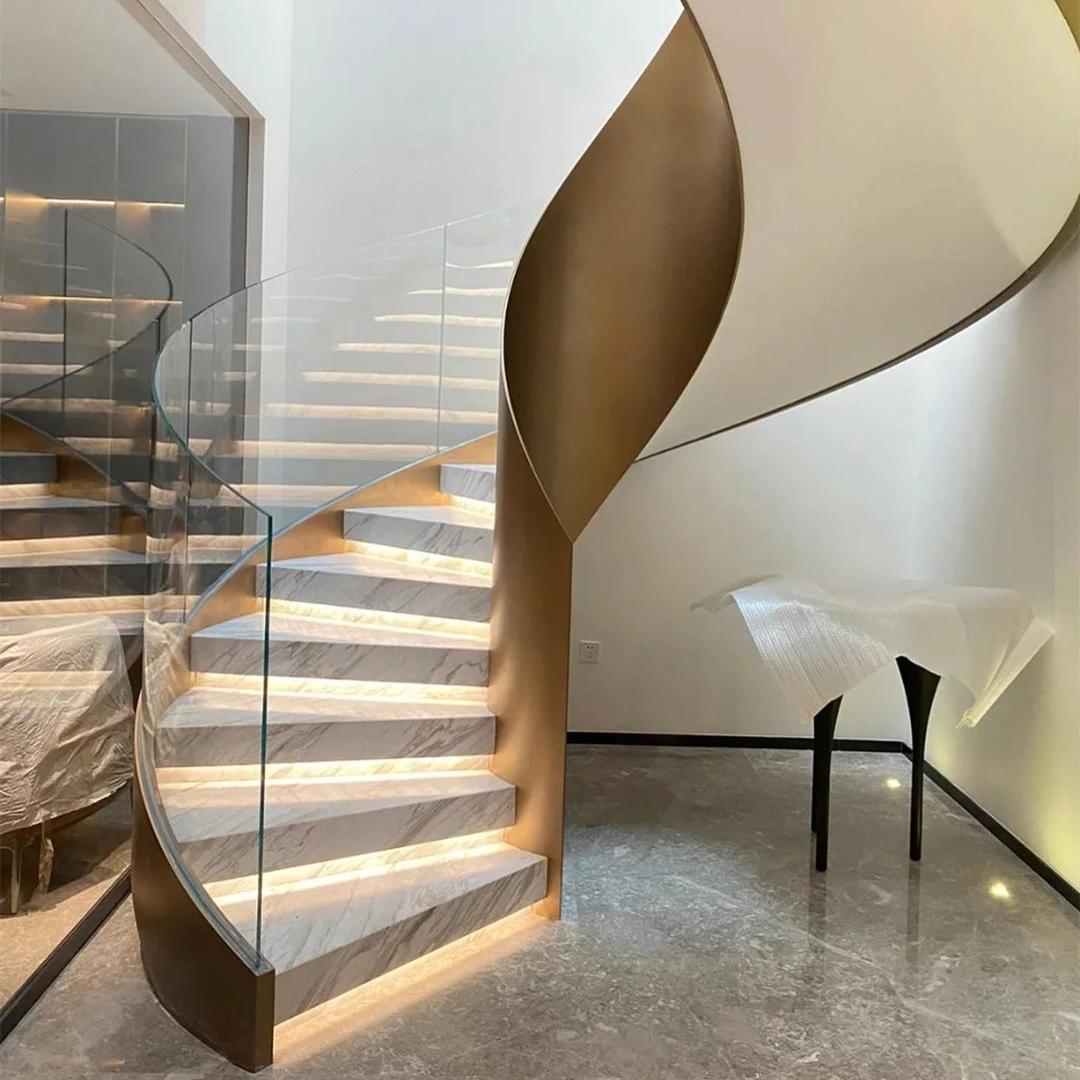 Open Wood Curved Staircase Design Glass Handrail Stainless Steel Railing Metal Contemporary Indoor Stairs