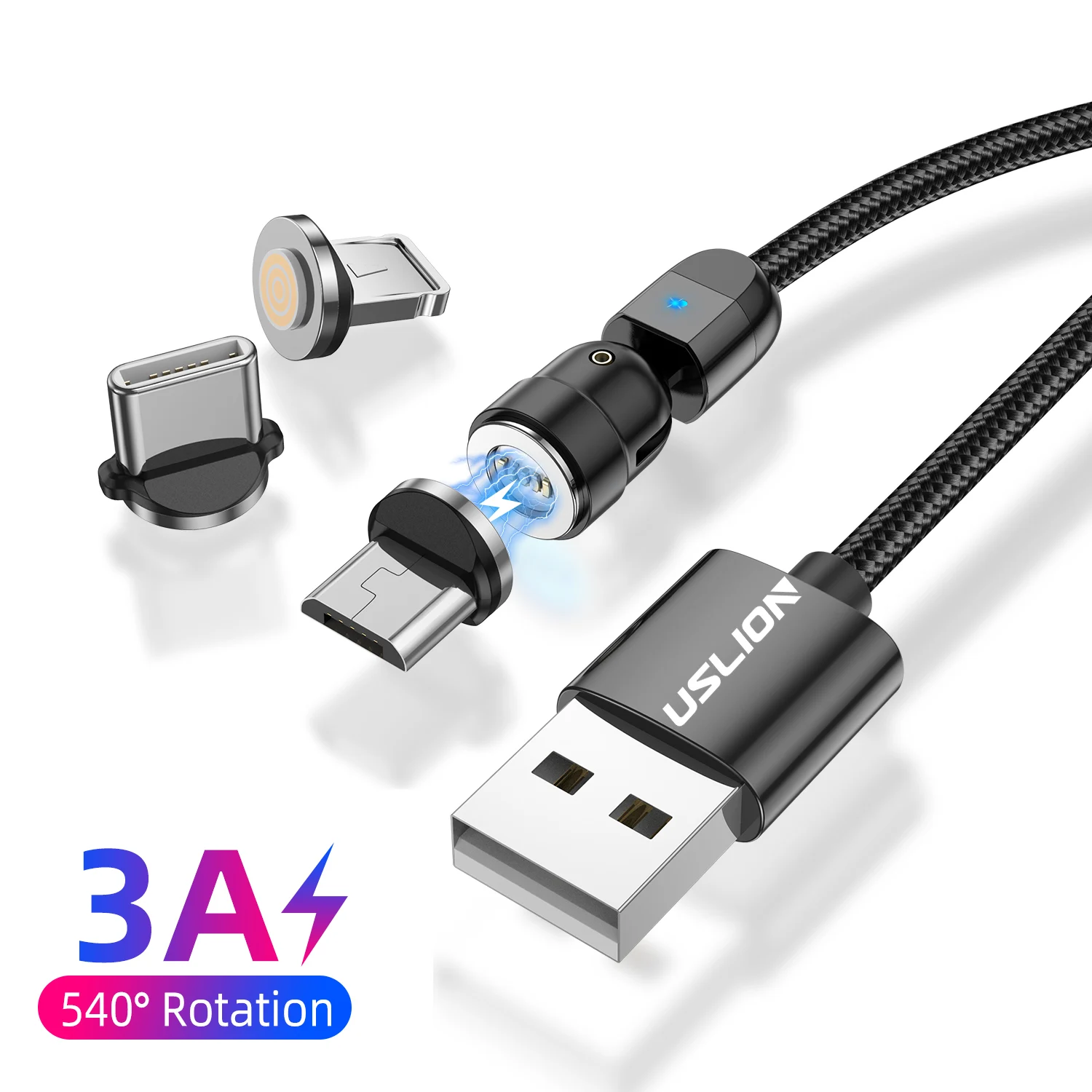 USLION 3 в 1 поставка высококачественный вращающийся USB Магнитный кабель А поддержка быстрой зарядки и передачи данных для всех мобильных