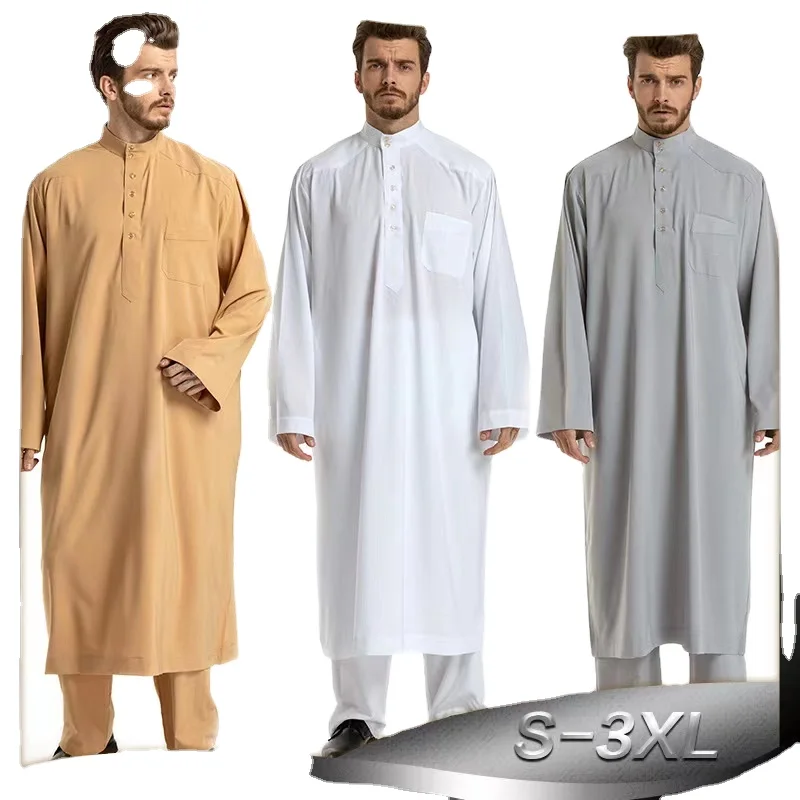 Dubai Turkish Kurta Arabic Stand Collar Two-Piece Sets Muslim Islamic Men Clothing  thobe for Prayer