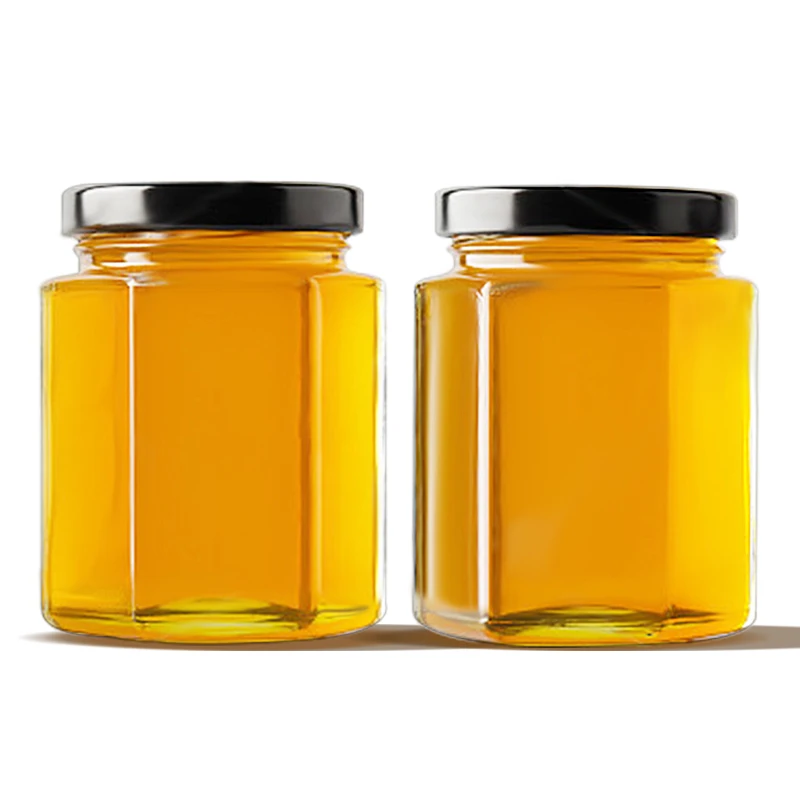 Wholesale 45 85 100 180 280 380 500 730 Ml Empty Honey Jars Pot Jam Packaging Luxury Hexagon Glass Bottle Honey With Metal Cap
