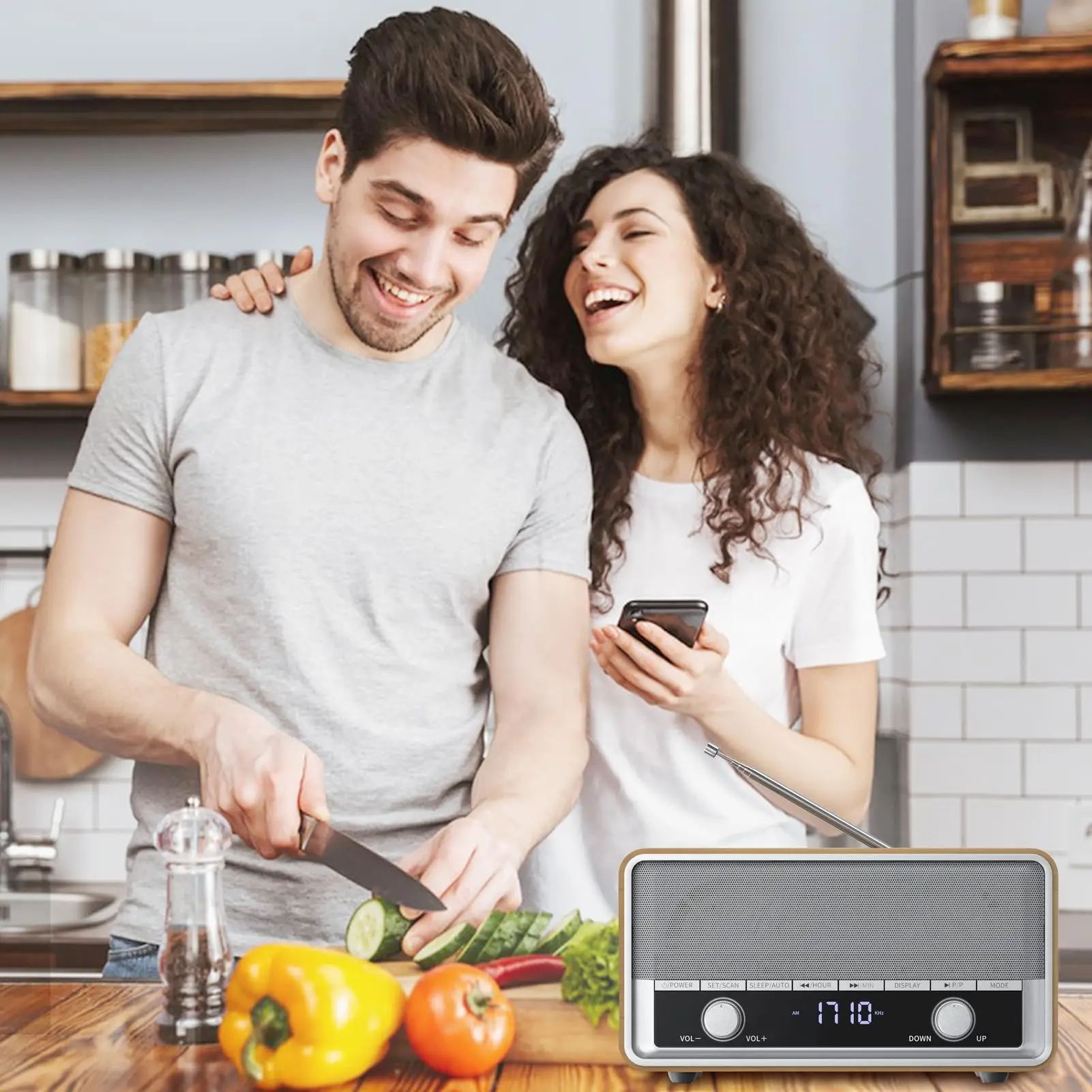 Vofull China Manufacturer Retro AC Powered or Battery Operated Stereo AM/FM Radio with Clock Display