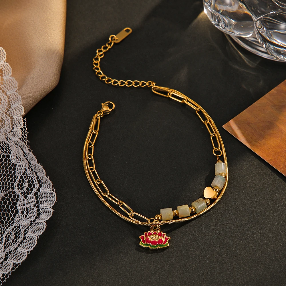 Fashion Stainless Steel Lotus Pendant Bracelet Charm Girl Multi Layer Natural Stone Heart Friends Bracelet For Women