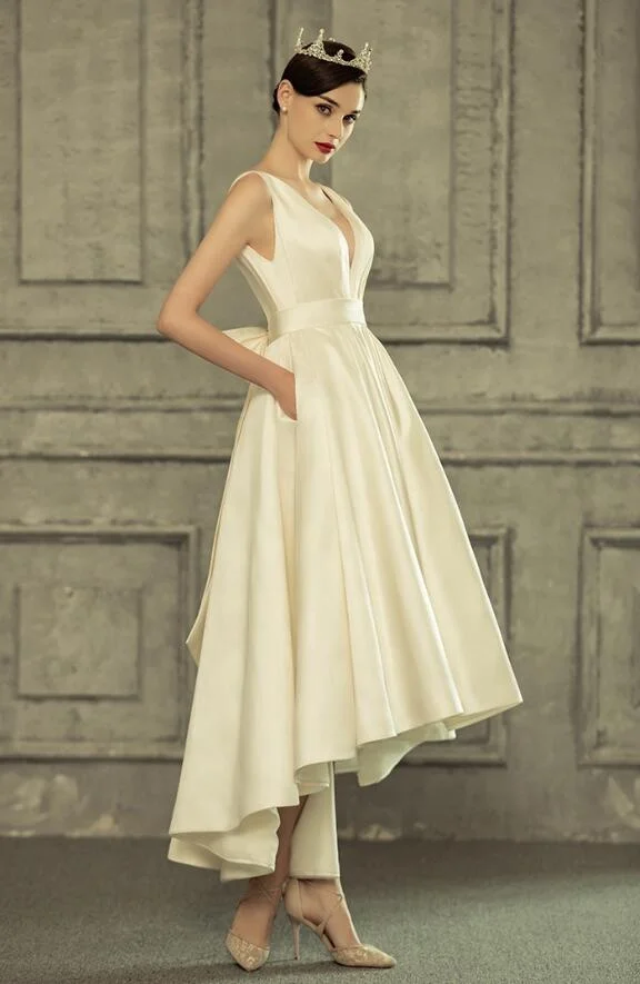 #10018 Satin High-Low Deep V-Neck Open Back Sleeveless Bowtie Wedding Gowns Birde Dress Vestido de novia Wedding Dress
