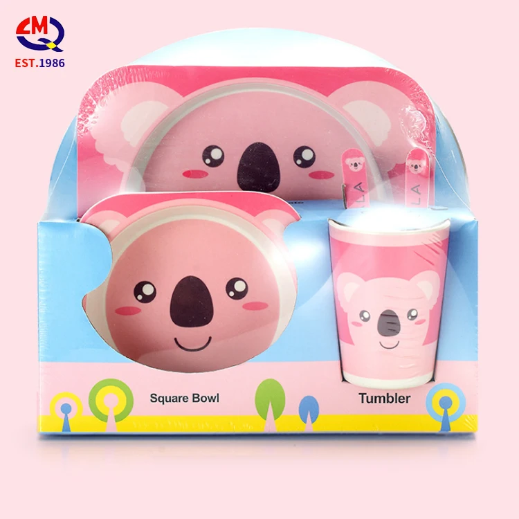 Eco friendly children tableware 5pcs healthy dinner set adorable children bamboo fiber biodegradable tableware kid set for kids