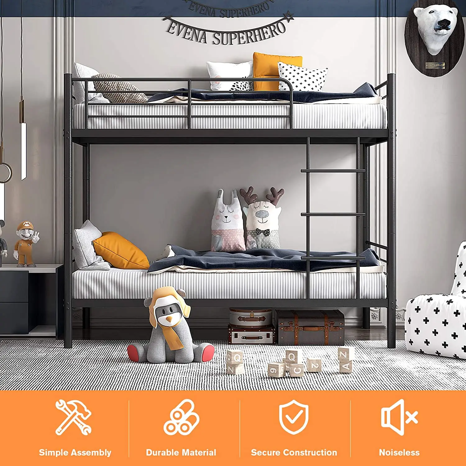 Cheap Durable Home School Bunk Bed with Stairs Stainless Metal Dormitory Hospital Use Black Customized Double-decker