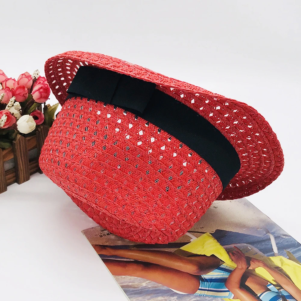 Red Elegant OEM Design Custom logo Straw hat for women/lady Fashion Wide Brim Cowboy  Hats Customized logo Panama with Rope