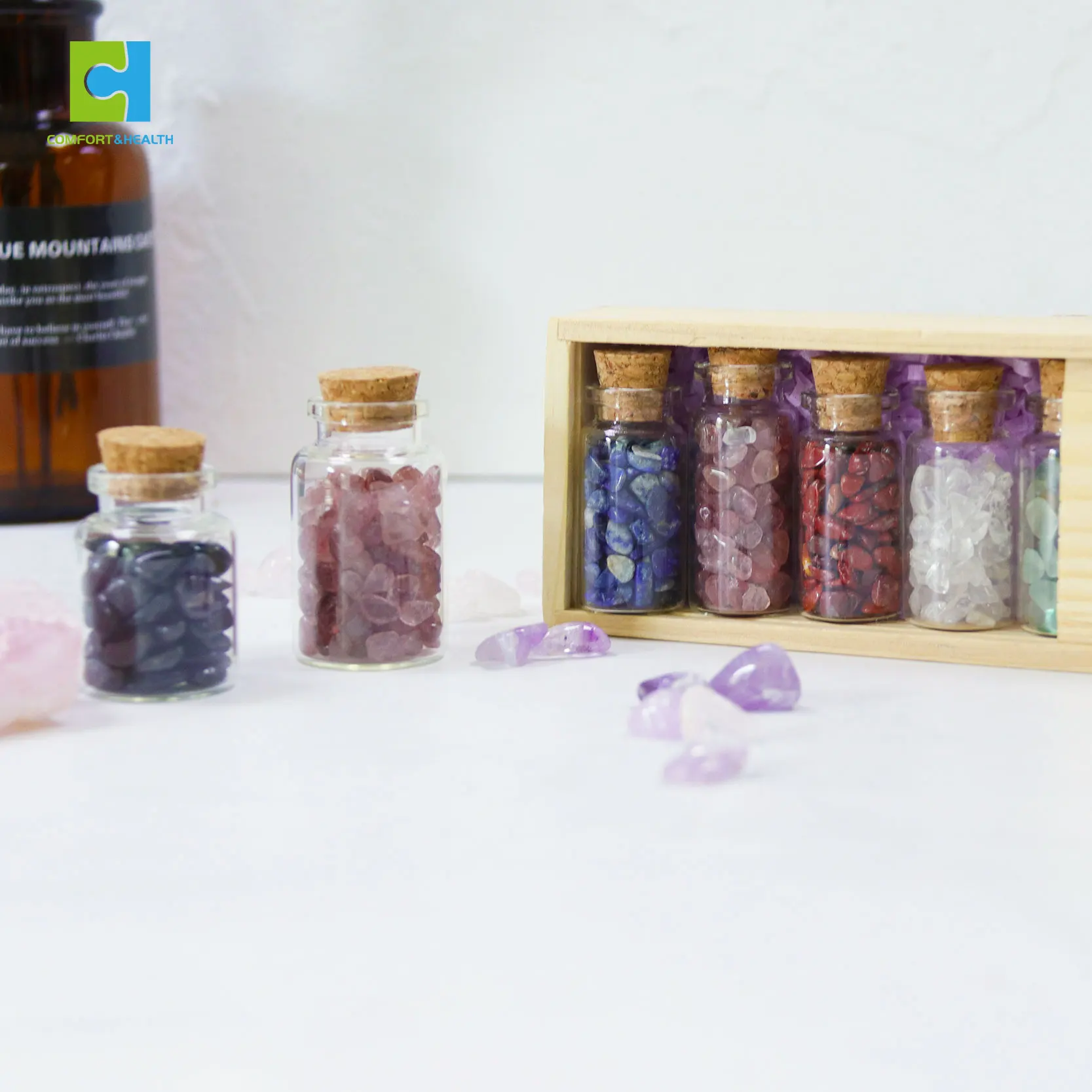 Gemstone Crystal Chips 100Ml Glassware Pudding Jars With Gemstone Chips Pudding Bottle Glass Wishing Bottle With Cork Lid