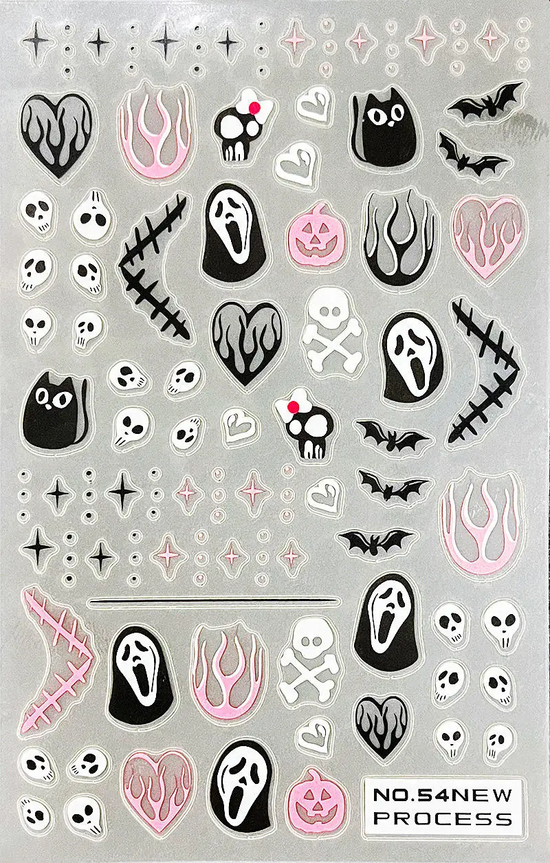 Halloween Pink Pumpkin Nail Stickers 3D Cute Skull Ghost Nail Slider Evil Eye Spider Nail Decals Art Decorations