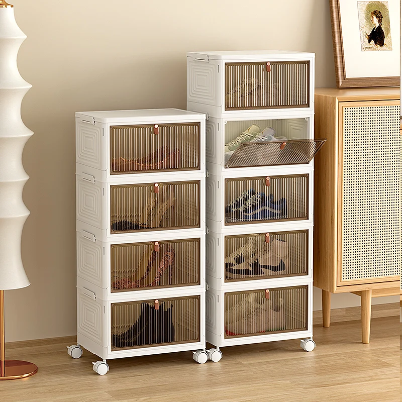 Modern Magnetic Drop Front Foldable Shoe Storage Box Free Assembly Plastic Shoe Organizer Cabinet with Wheels