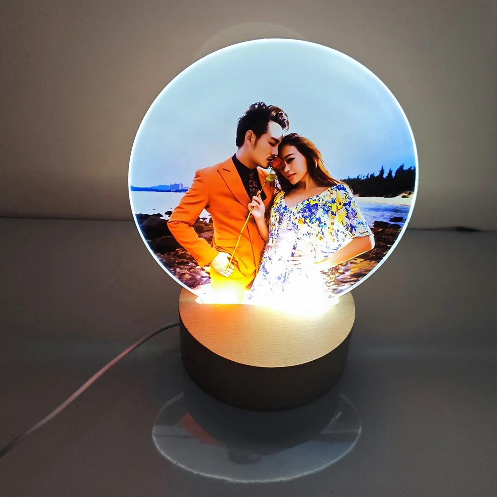 Night Light Sublimation Acrylic Photo Panel Desktop Display Sign With Three-color Changing Lamp Base