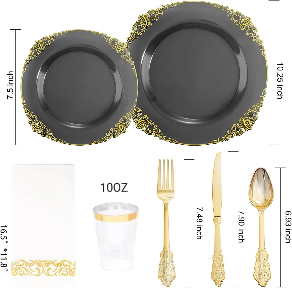 New Arrival 175PCS Plastic Clear Gold Rim Charger Plates with Spoon Knife Fork and Napkin and 10oz Cups for Wedding Party