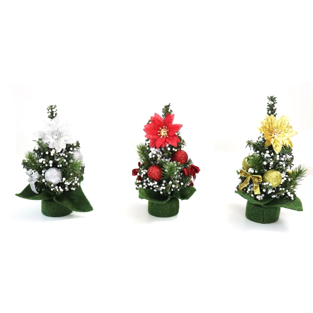 Wholesale Non-woven Fabrics Christmas Tree Artificial Table Mini Tree Christmas Decor Plastic Tree With Red flower and foam ball