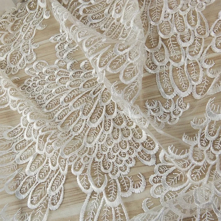 Hot Selling New Cotton Lace Fabric Embroidered Feather Pattern Elegant Wedding Dress Lace Mesh