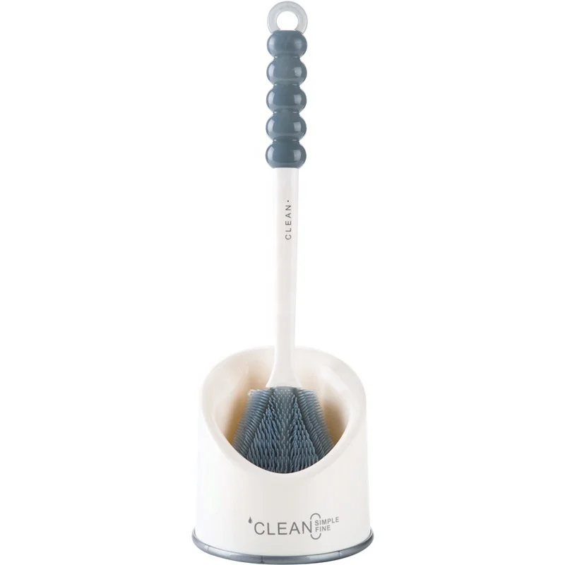 Bathroom Plastic Round Soft Long Handle Toilet Clean Bristles Scrubber Holder Silicone Brush Set