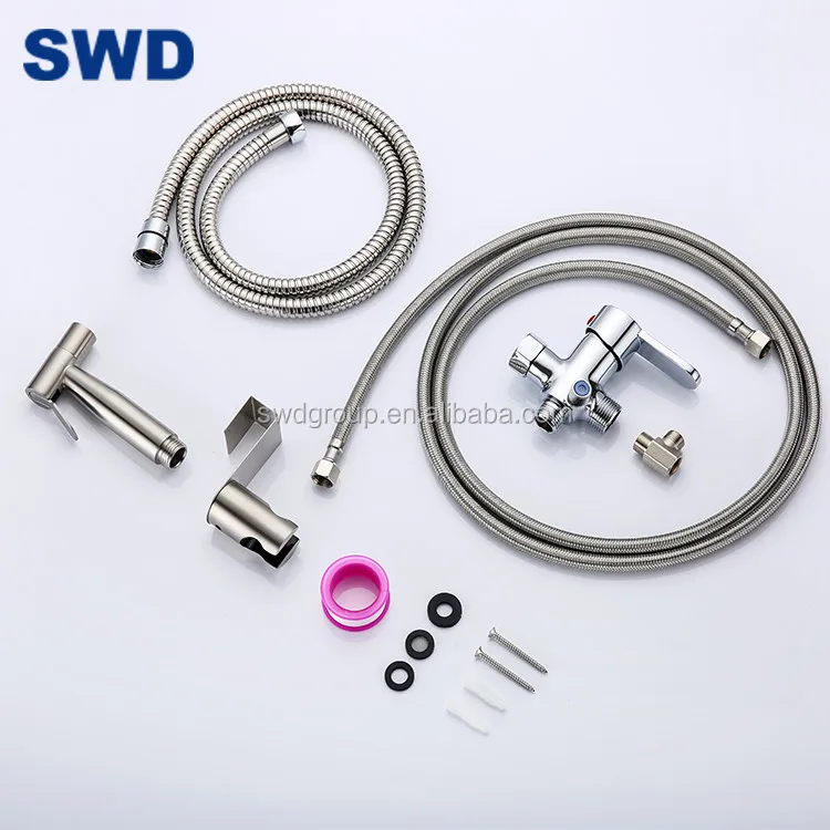 Stainless Steel Brass Hand Held Bidet Sprayer Set Shattaf Toilet Hose Mixer T-Valve Set Cold And Hot Water Bidet