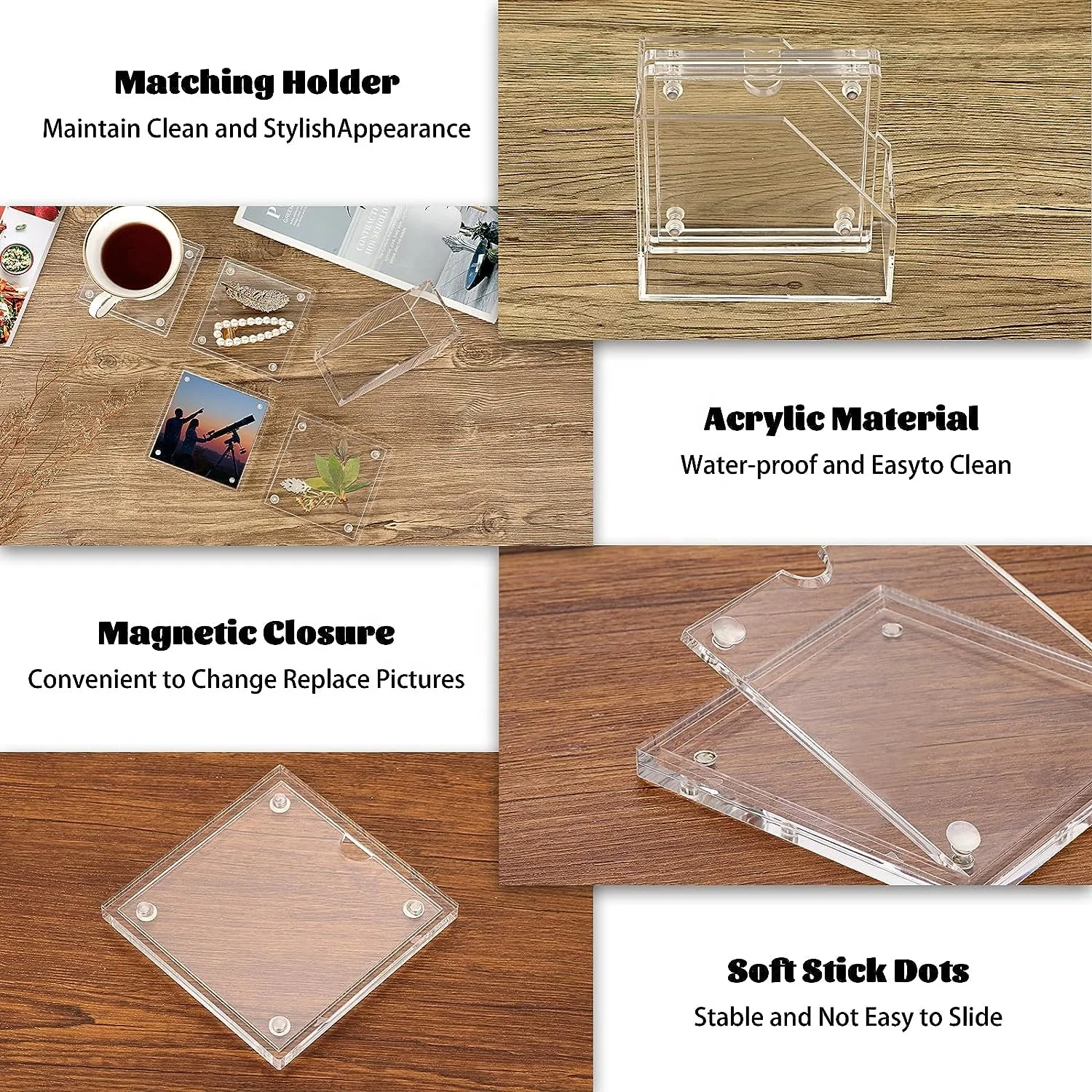 HQ Customized Acrylic Coaster Crystal Photo Frame Coaster DIY Picture cup Coasters set with holder for Coffee Table Restaurant