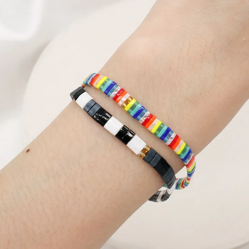 Wholesale Custom Colorful Miyuki Bracelet Jewelry Women Girl Gift Elastic Boho Flat Tila Tile Handmade Miyuki Seed Bead Bracelet