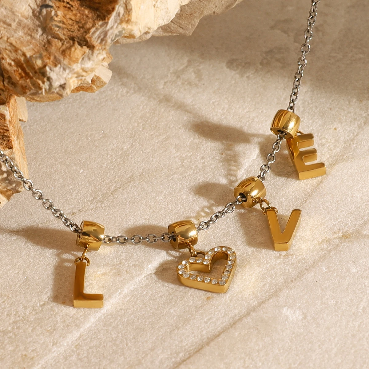 J&D Minimalist 14K Gold Plated Stainless Steel LOVE Pendant Sliding CZ Necklaces For Women 50cm