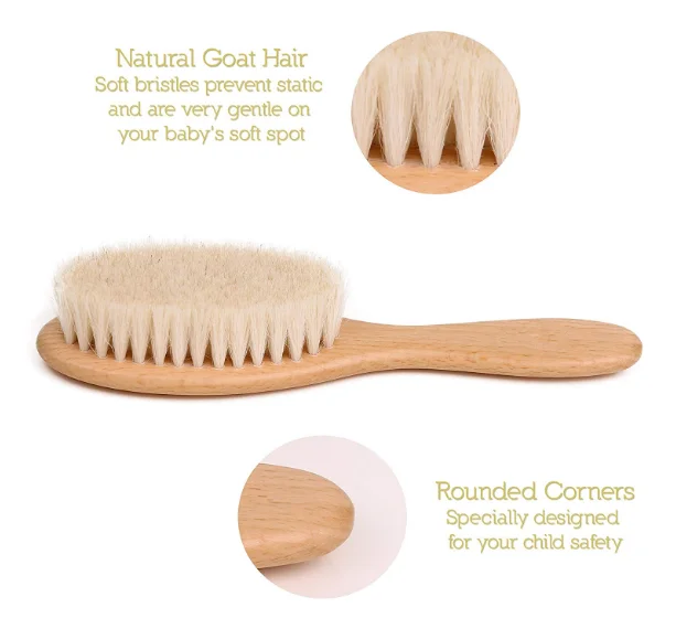 Natural Wooden Hair brush with Soft Goat Bristles Baby Hair Brush and Comb Set for Newborn