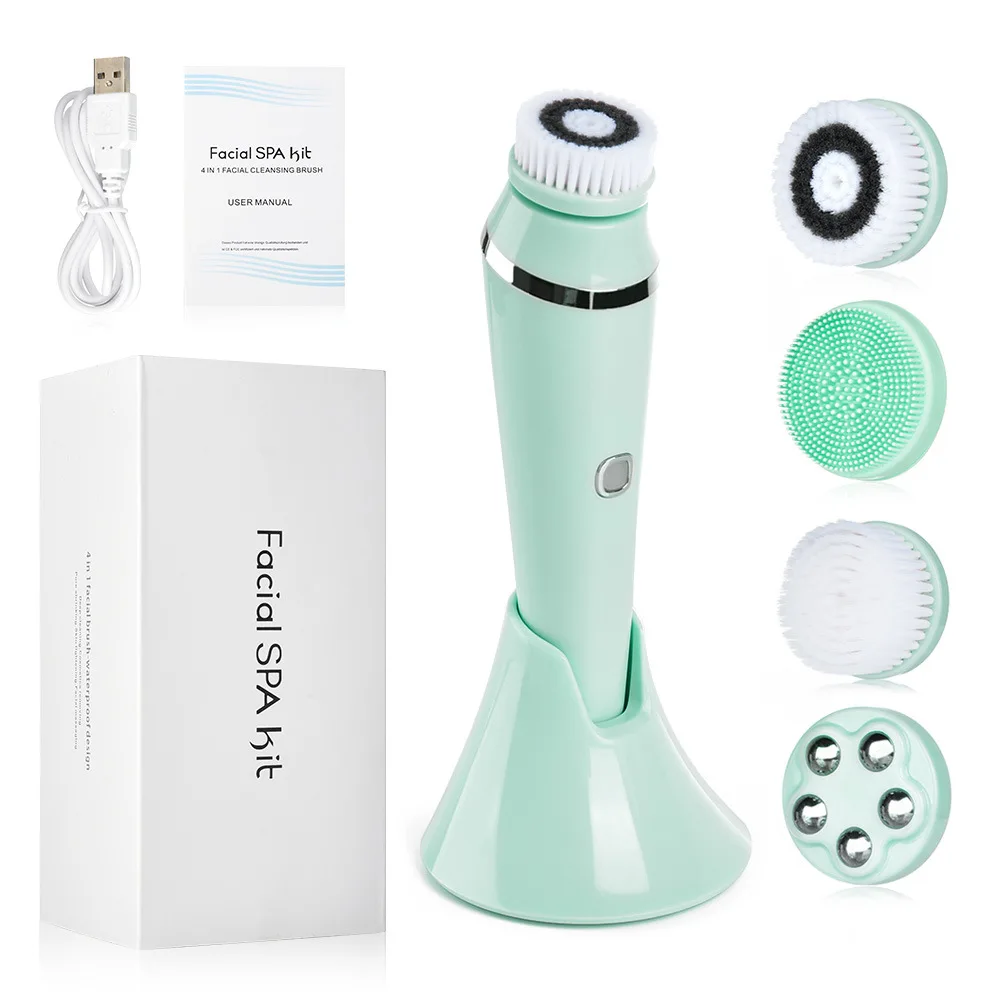 Hot Selling Wireless Charging Electric 4 in 1 Replace Heads Brushes Waterproof Silicone Sonic Facial Cleansing Brush