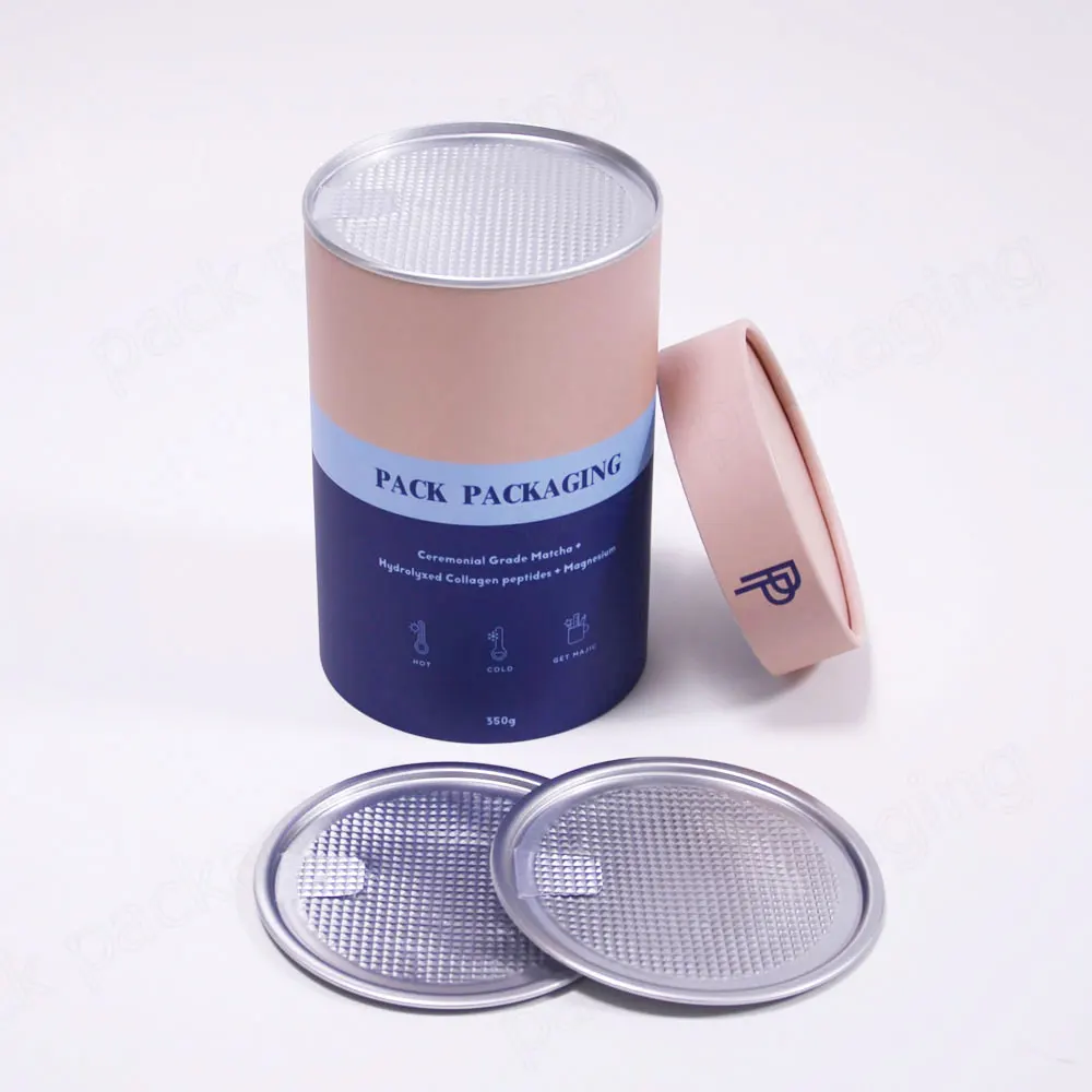 custom print empty Collagen powder container paper tube packaging with metal lid metal caps
