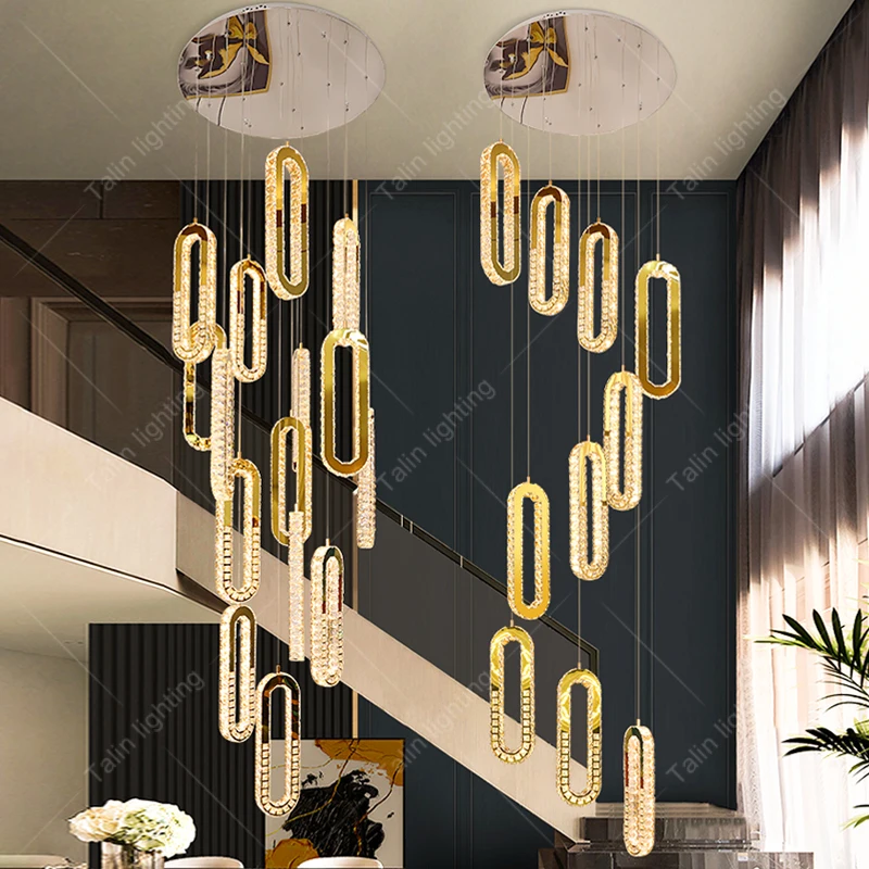 Modern Luxury Led Staircase Chandelier Living Room Lighting Loft Gold Suspension Chandelier Crystal Staircase Chandeliers
