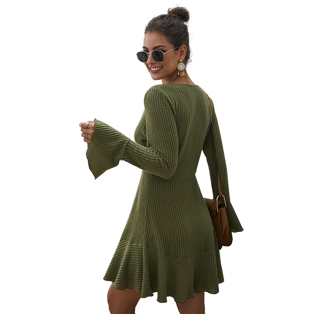 
2019 autumn and winter V-neck sexy knit dress girl clothing support drop shipping 