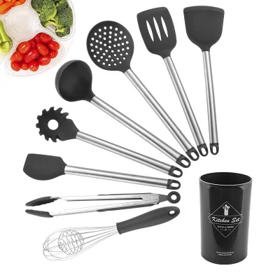 
8pcs Silicone Cooking Kitchen Set, Stainless Steel Handles Cooking Tool BPA Free Non Toxic Silicone Turner Tongs Spatula 