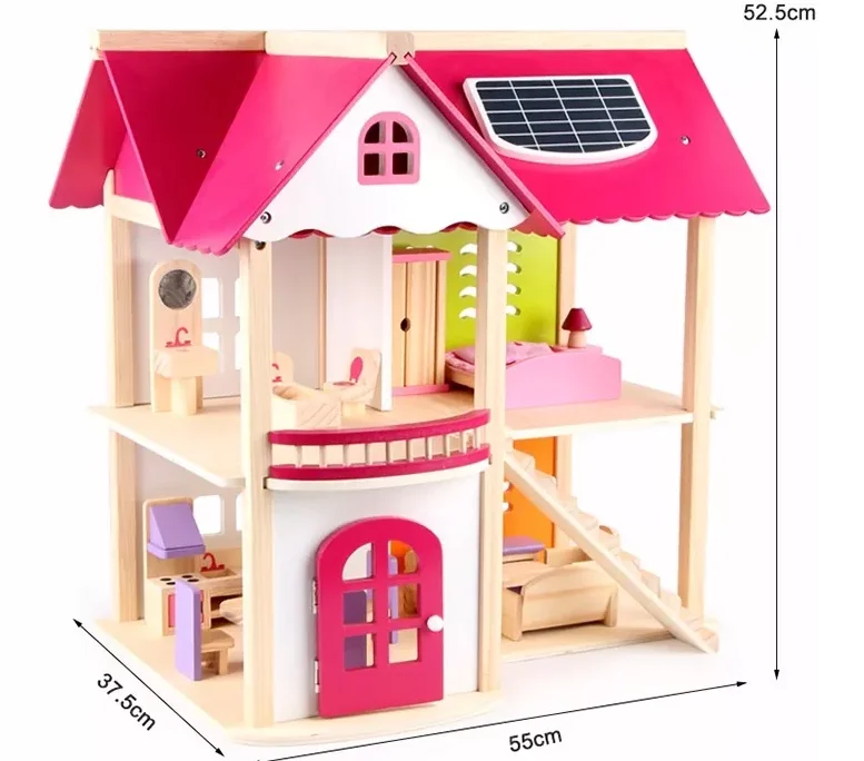 Pretend Toy Kids Wooden Doll Villa with Doll Room Furniture dollhouse