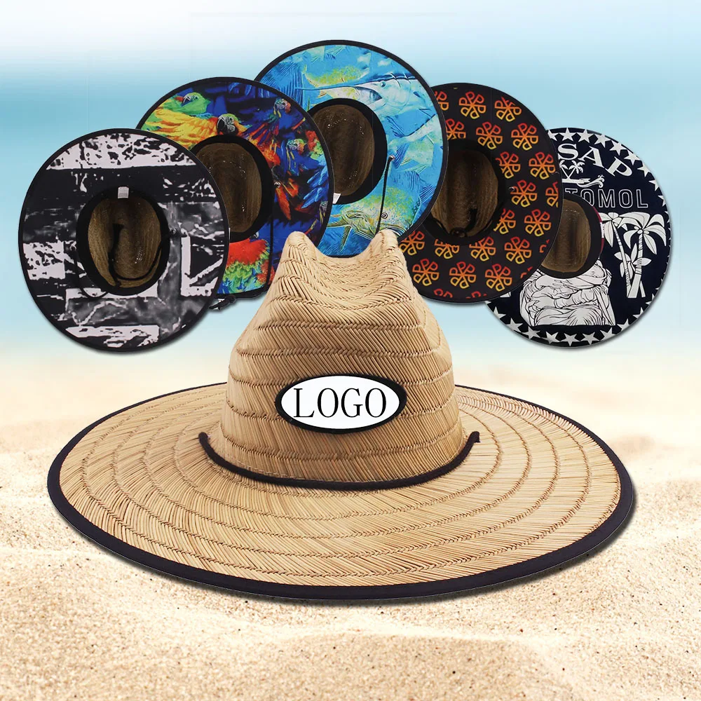 Custom Logo Spring Summer Unisex Sun-proof Casual Lifeguard Straw Beach Hat with Big Brim Printed Grass Paste Bahamas Wholesale