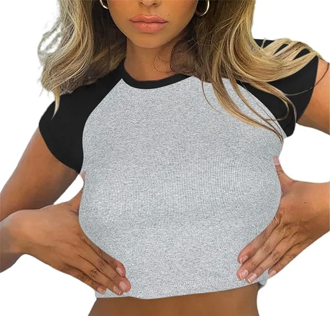 Screen Print Raglan Cotton Baby Tee Color Block Tight Rib Knit Cropped TShirt Custom Wholesale Slim Crop Tops T Shirt For Women