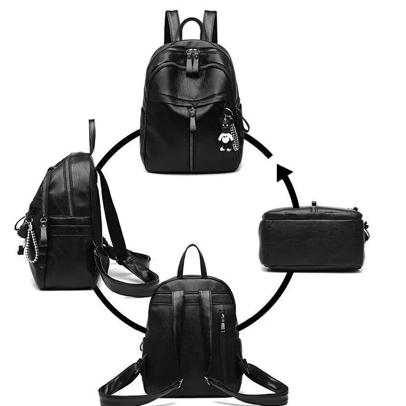 Wholesale Fashion Waterproof PU Leather Bag Girls School Backpack Black Color