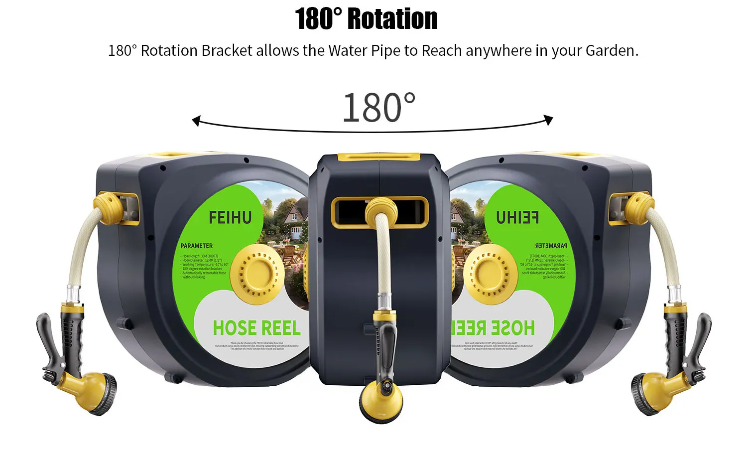 High 50FT Retractable Garden Hose Reel Wall Mounted Metal Water Hose Reel Smooth Automatic Rewind Lock Flexible Expandable