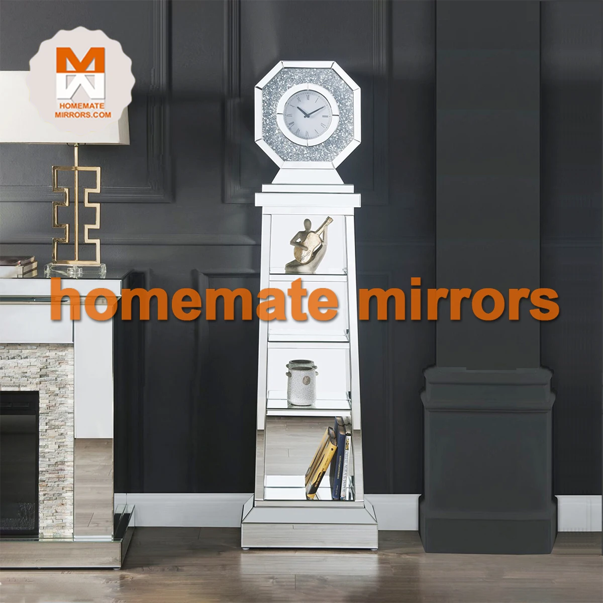 Hot Competitive Big Mirrored Floor Grandfather Clock with Faux Crushed Diamonds