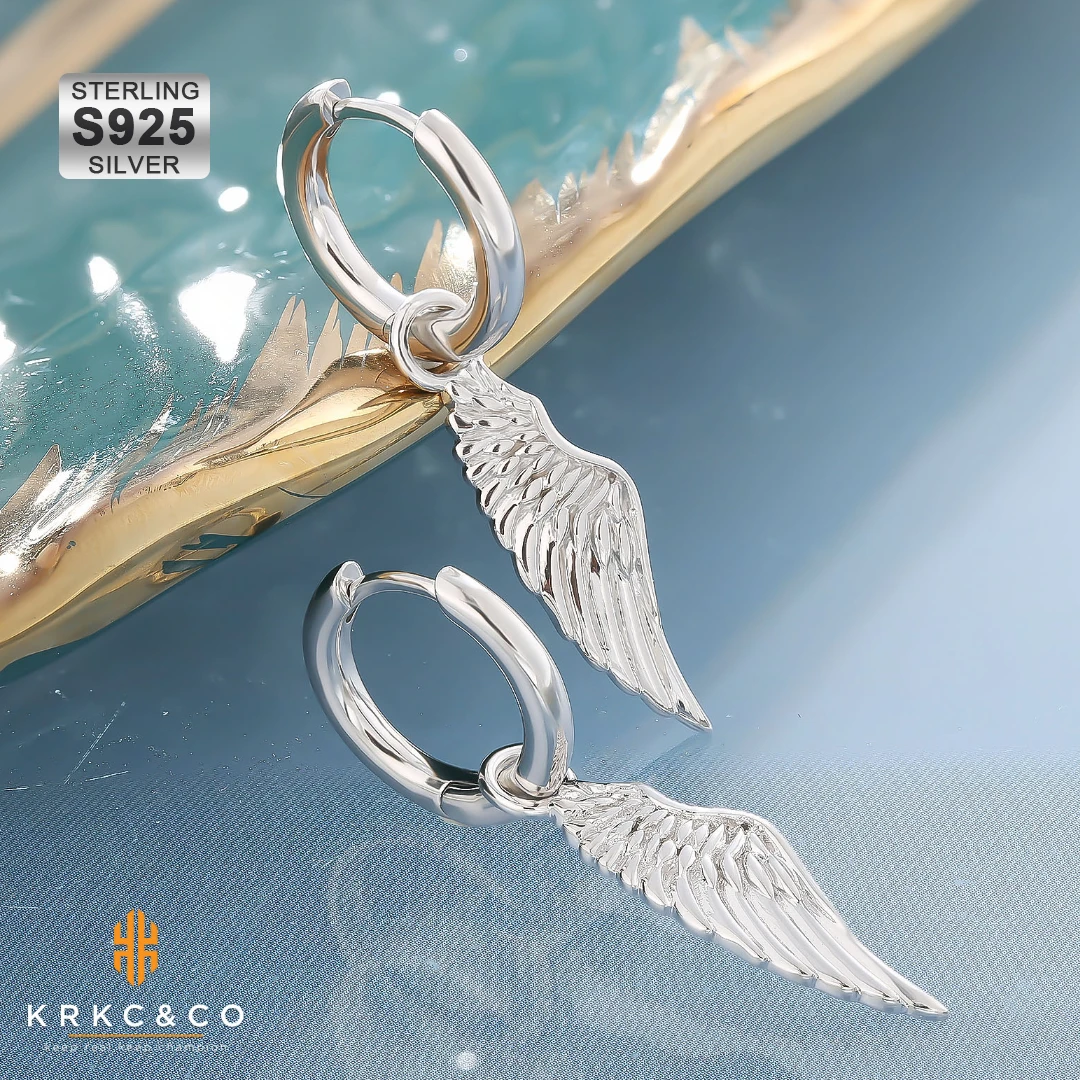 KRKC серьги-кольца в стиле хип-хоп ювелирные изделия для мужчин и женщин из стерлингового серебра S925 пробы с подвеской виде крыльев Ангела