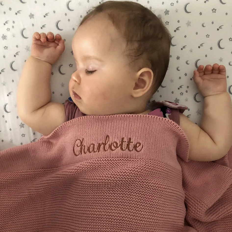 Customization Washable Label Brand Personalised Knitted Pram Blanket Baby Shower Newborn Gift Soft Stroller Bassinet Swaddle