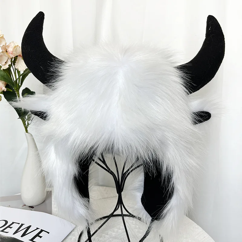 Fluffy Faux Fur Bull Horn Ear Protection Hat Role Play Party  Funny Cow Horn Warm Thick Ski Animal  Winter Cap