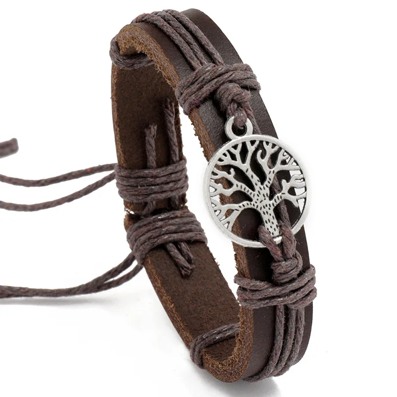 B01909 Handmade Leather Bracelet Vintage Style Braided Tree Life Charm Men Women Teen Boys Girls Adjustable Wrap Wristband Gift