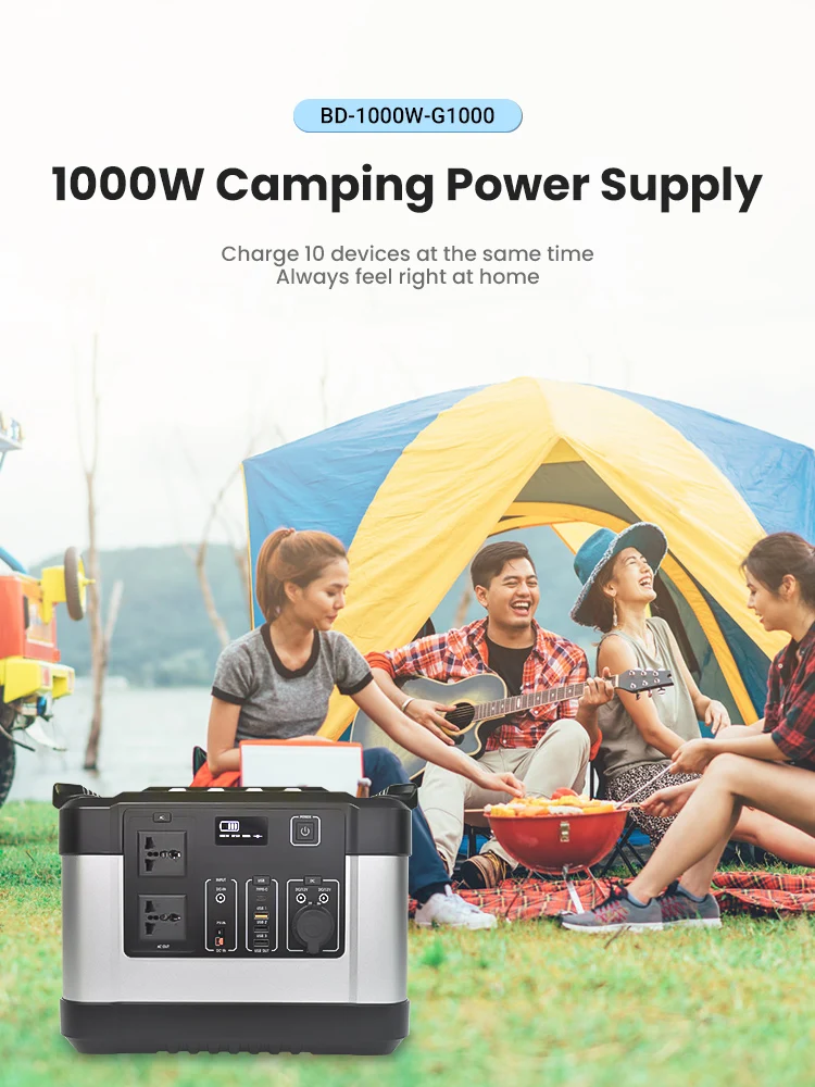
High Power Energy Storage Power Supply AC DC USB Port Charging 1000W Solar Generator Camping Power System 