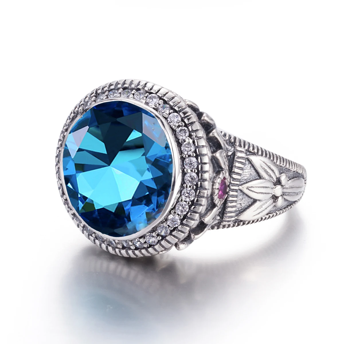 Vintage Turkish Large Blue Topaz Gemstone Exquisite Filigree Ring Wholesale Customization  Silver Rings Men Women