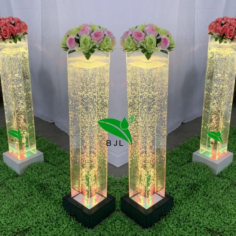 LED color changing acrylic square tube dancing fountain water bubble pillar tube for wedding decoration