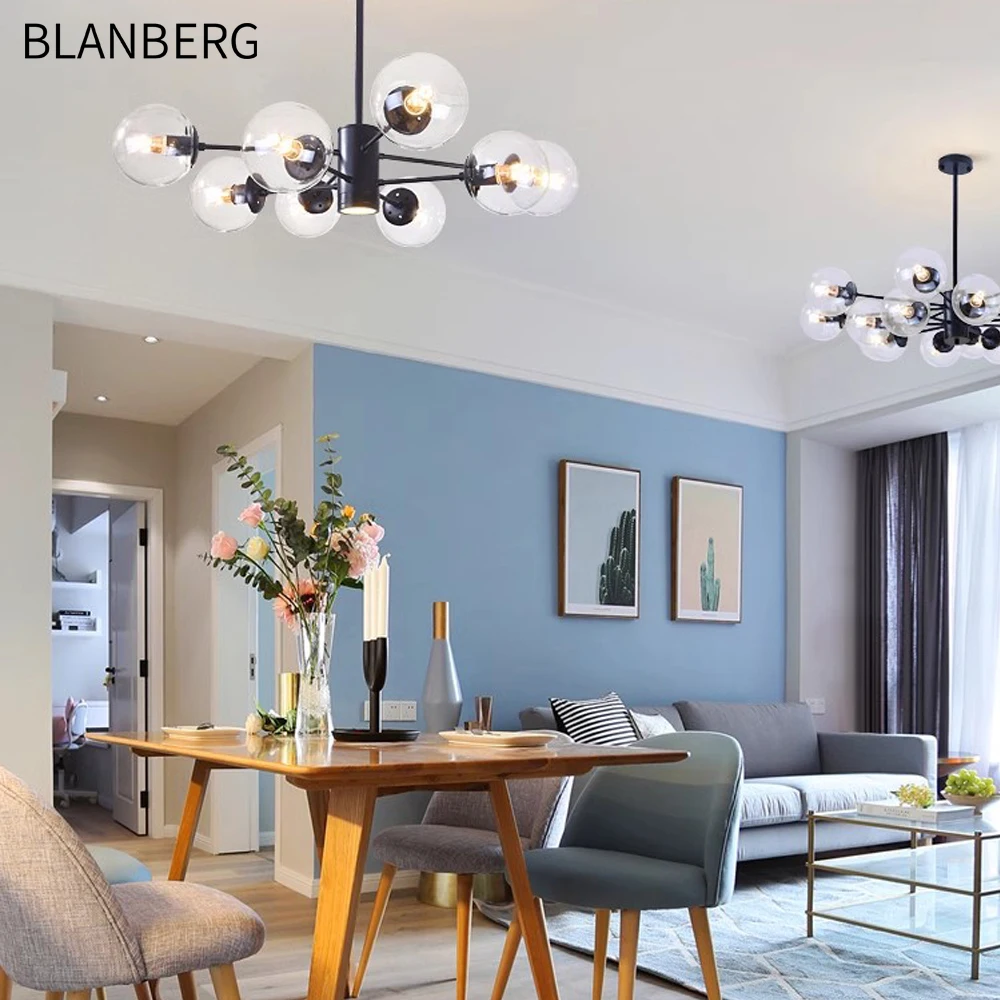 Hot Sale Black Gold Brass Color Glass Ball Chandelier for Home Office Living Dining Room with LED Light Source by Magic Bean