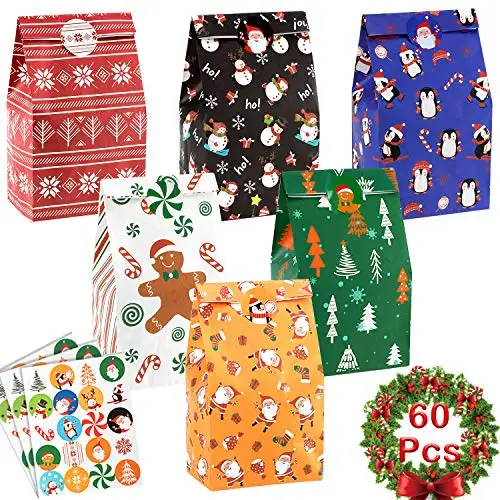 Customized Printing Recyclable Lovely Gift Candy Packaging Square Bottom Christmas Wrapping Paper Bags