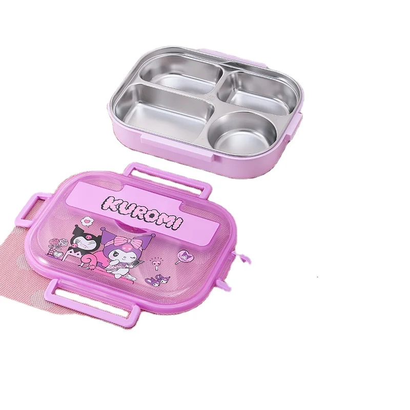 YE697  Kuromi 304 Stainless steel insulated lunch box with soup bowl cartoon student lunch box four  lattice five lattice bento