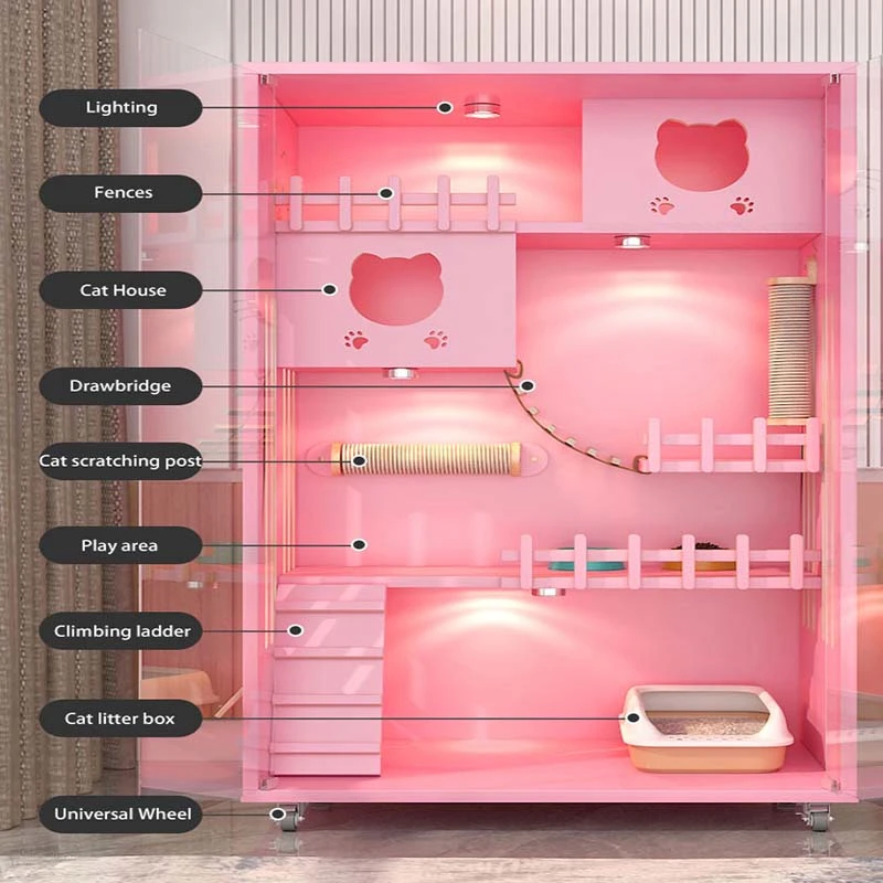 Luxury Durable Cat Enclosures Cages Tree House Cage Solid Wood Cat Villa Nest Bed Wooden Pet Showcase Cattery