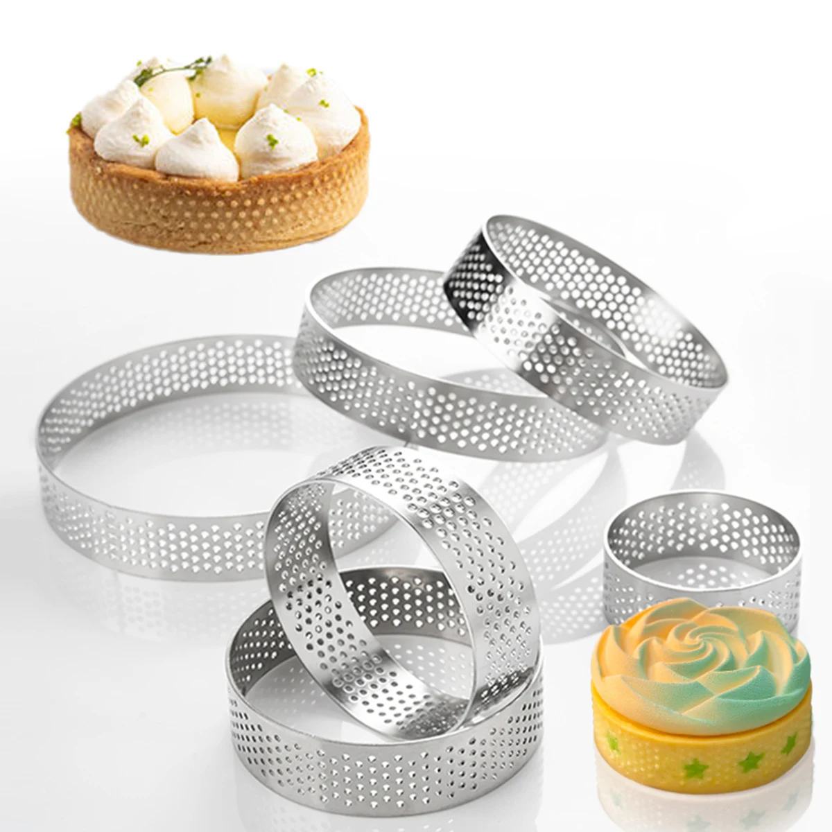 6Pcs baking pastry french dessert cake fruit tarte tartlet crust circle round stainless steel perforated tart ring