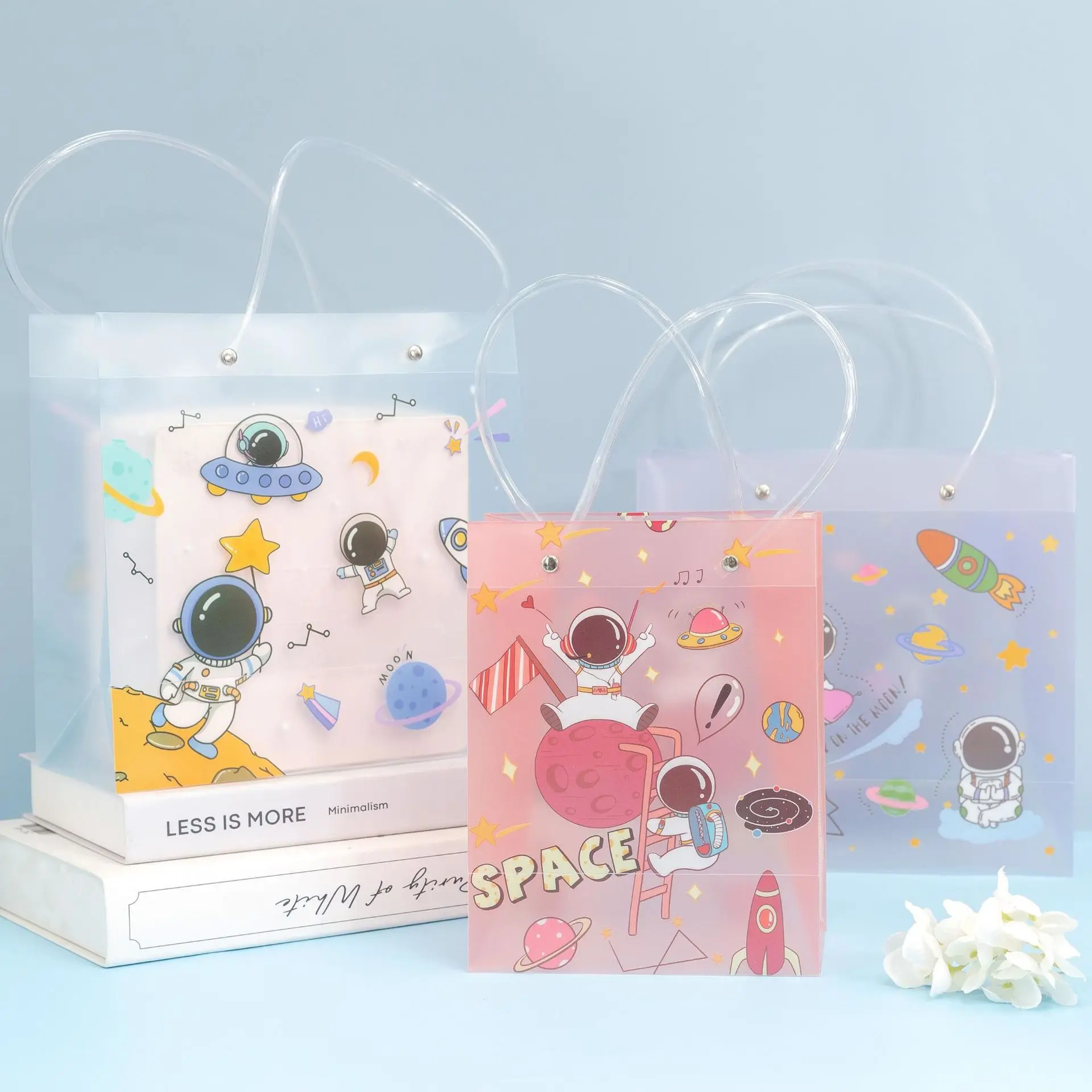 Custom Outer Space Gift Bags Clear Reusable Plastic Christmas Gift Wrap Tote Bags with Handle for Kids Boys Girls