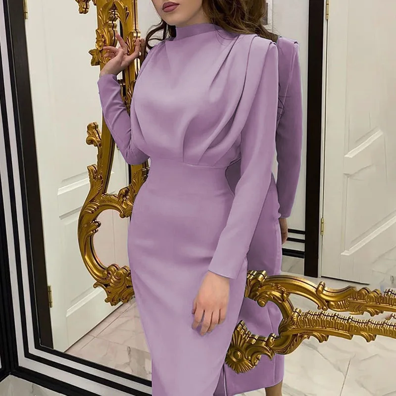 Autumn new fashion temperament hin thin pure color long sleeve dress