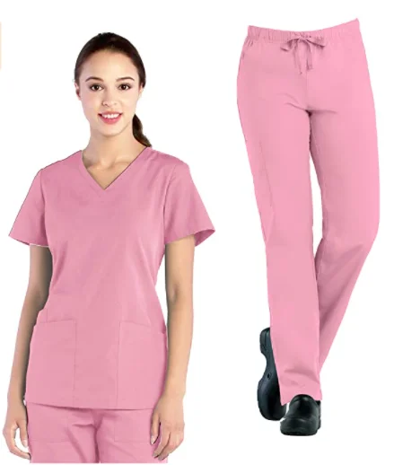 Green Women Scrub Uniforms Set V-Neck Shirt And Full Elastic Multi Pocket Cargo Pants